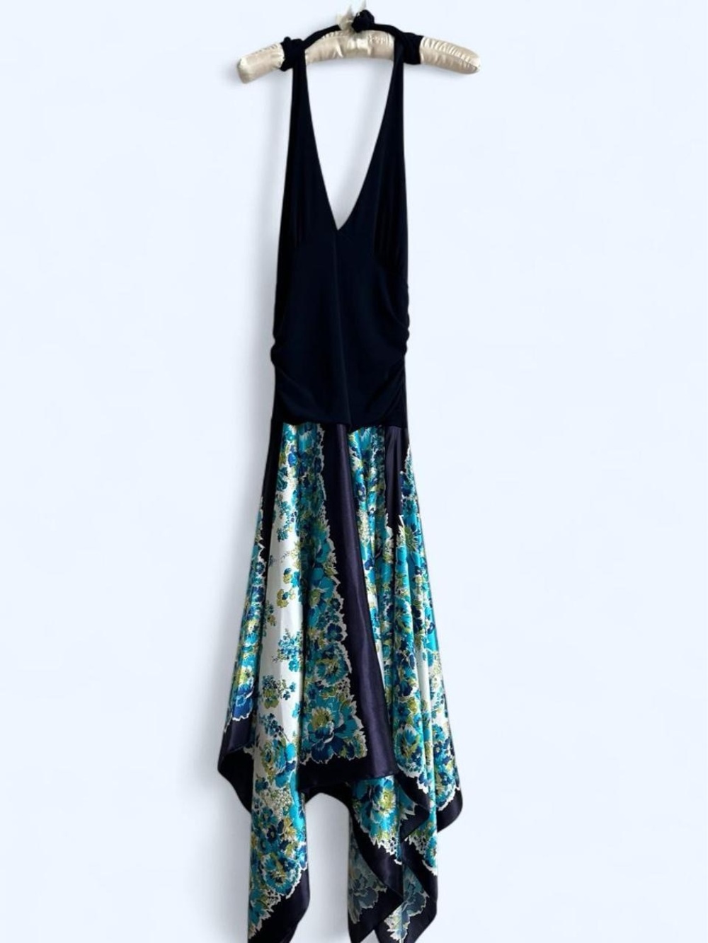 Stunning Y2K Navy Blue Floral Handkerchief Hem Dress With Open Back